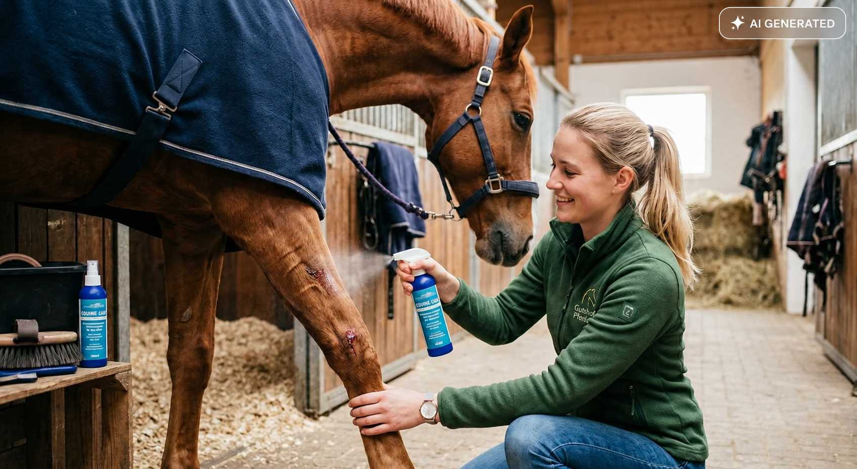Frau pflegt das Vorderbein eines braunen Pferdes im Stall mit einem Spray