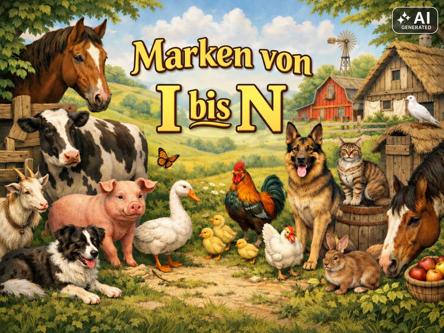 Illustrierte Bauernhofszene mit Pferden, Kuh, Schwein, Ziege, Hund, Katze, Kaninchen und Geflügel. In der Mitte steht der Schriftzug „Marken von I bis N“.