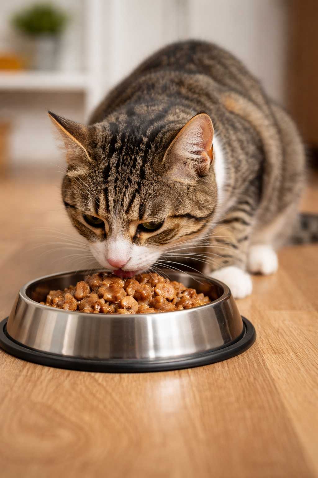 Hauskatze frisst Nassfutter aus einem Futternapf auf dem Boden