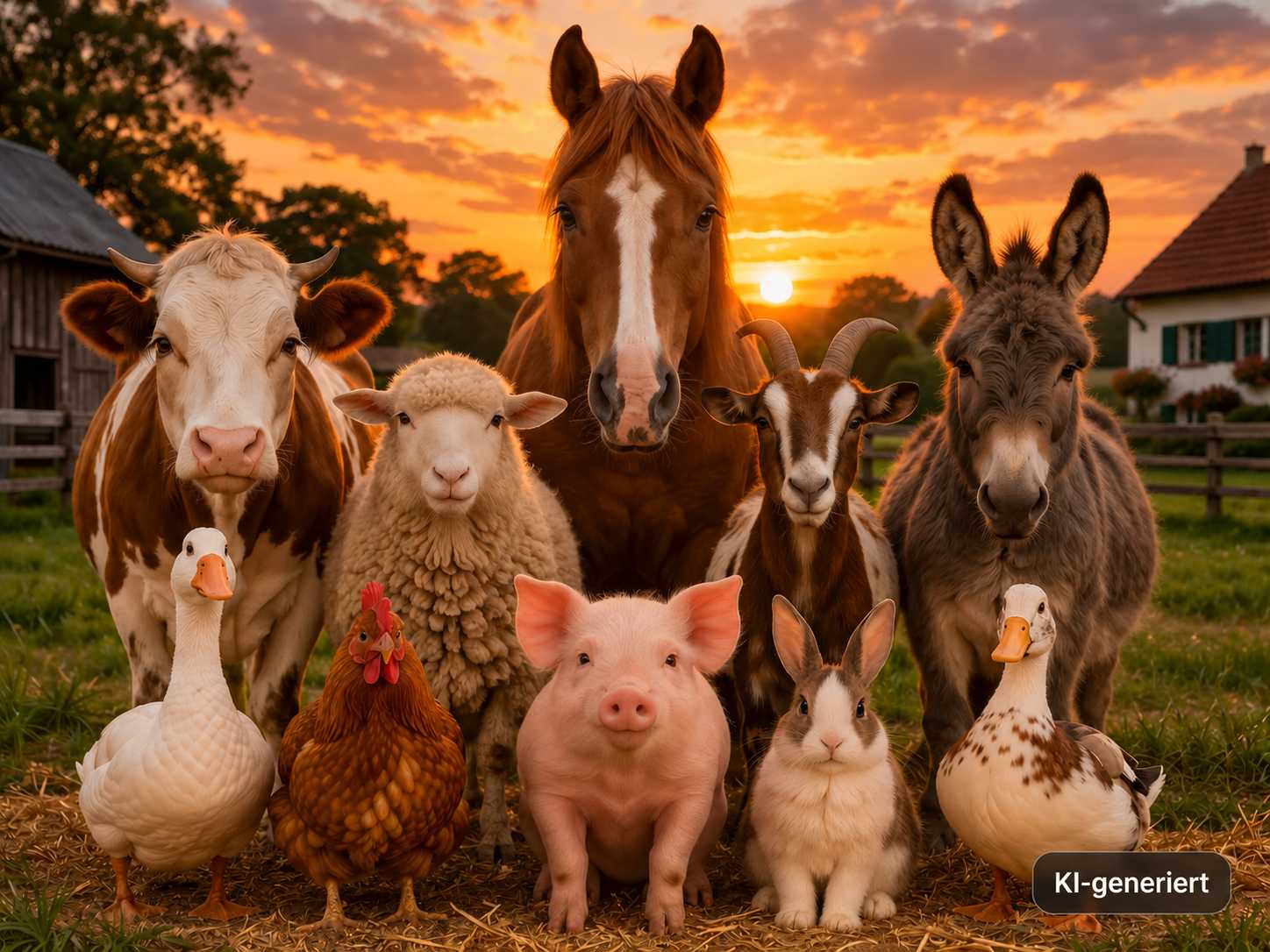Pferd, Kuh, Schaf, Esel, Ziege, Schwein, Kaninchen, Huhn und Gänse stehen gemeinsam auf einem Bauernhof im warmen Licht des Sonnenuntergangs.