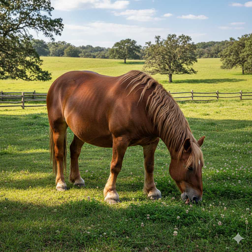 Braunes Pferd mit heller Mähne steht auf einer grünen Weide und frisst Gras, im Hintergrund Bäume, Holzzaun und offene Landschaft.