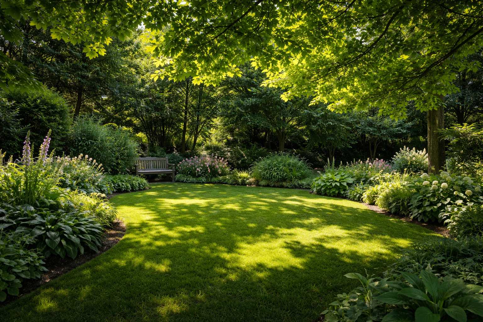 Gepflegter Garten mit dichtem, grünem Rasen im Schatten großer Bäume, umgeben von Staudenbeeten und einer Holzbank