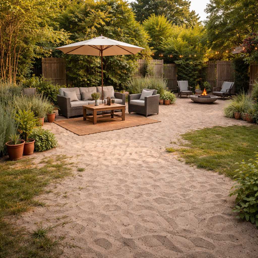 Stilvoll eingerichtete Gartenterrasse mit Sitzmöbeln, Sonnenschirm und Feuerstelle in grüner Umgebung