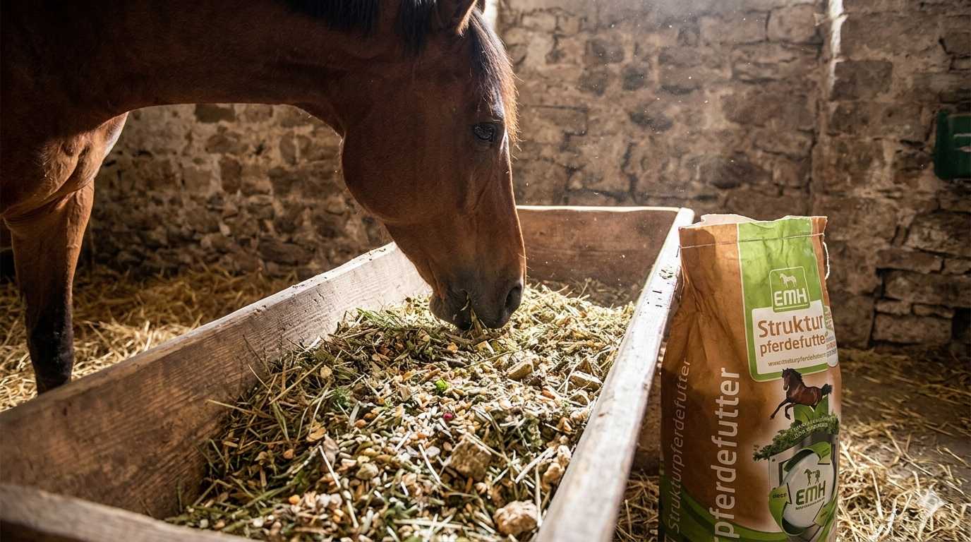 Pferd frisst Strukturpferdefutter aus einer Futterraufe im Stall neben einem Futtersack