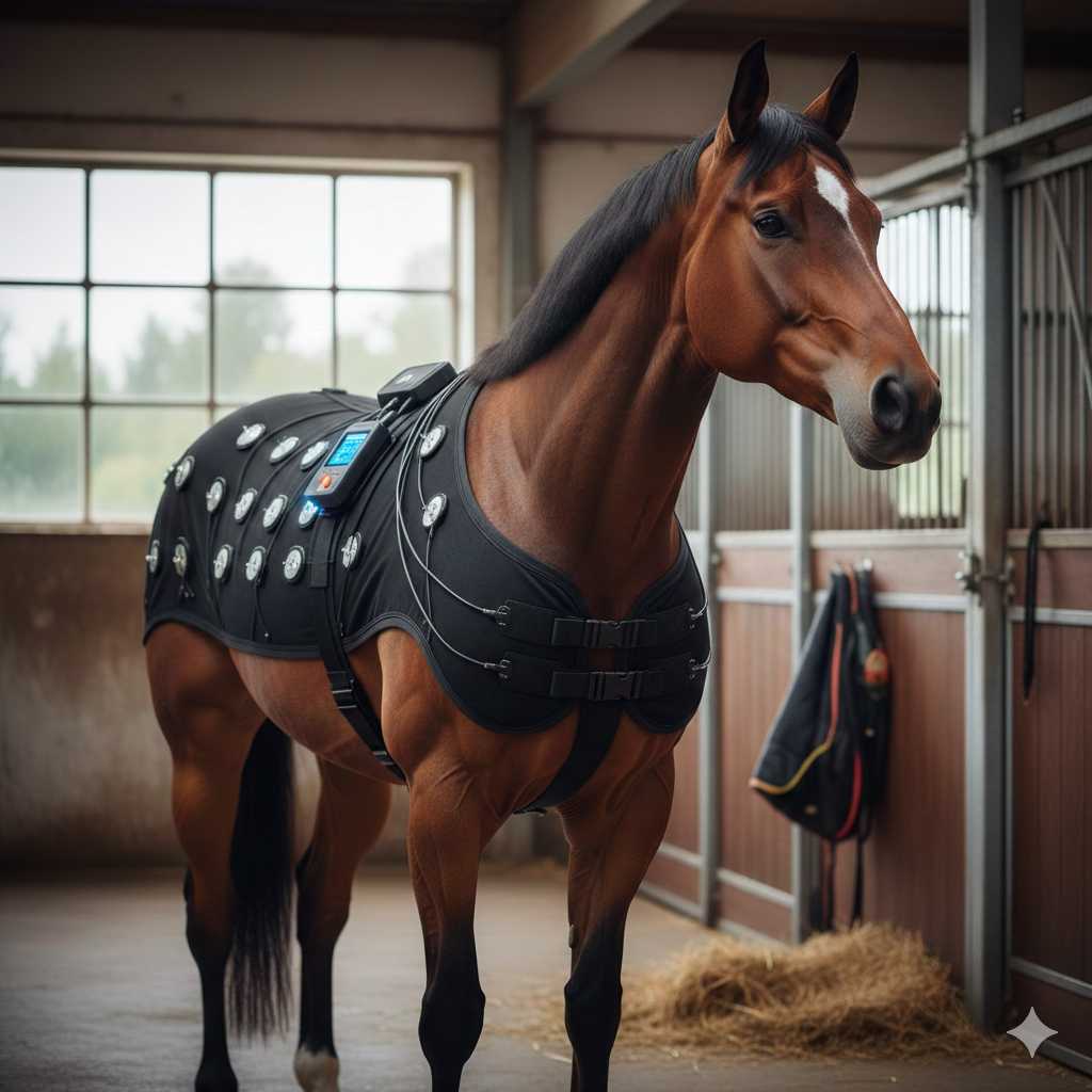 Braunes Pferd im Stall trägt eine therapeutische Magnetfelddecke mit integrierten Elektroden zur Muskel- und Regenerationstherapie.