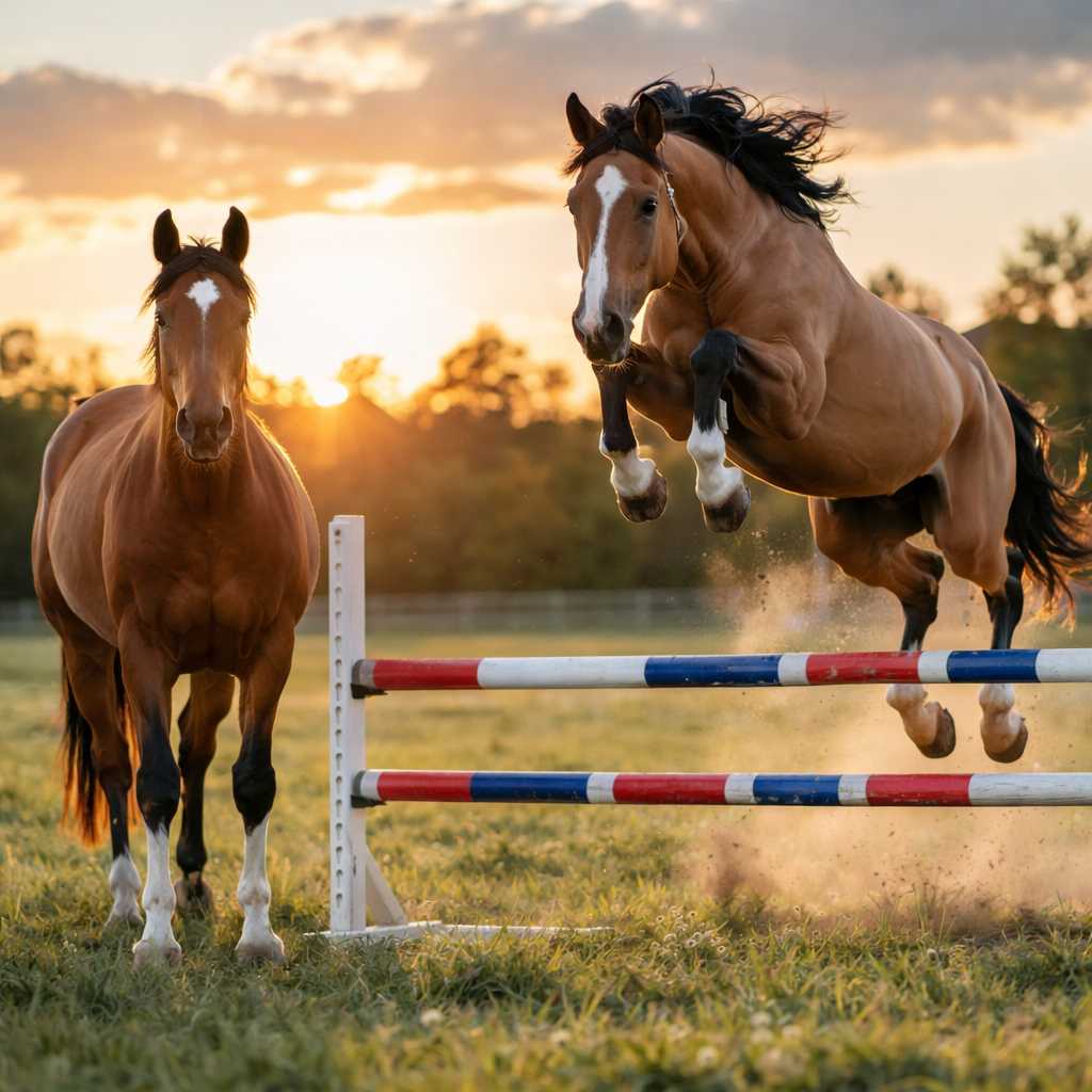 Ein Pferd springt über ein Hindernis auf einer Wiese, während ein weiteres Pferd daneben steht, im Abendlicht