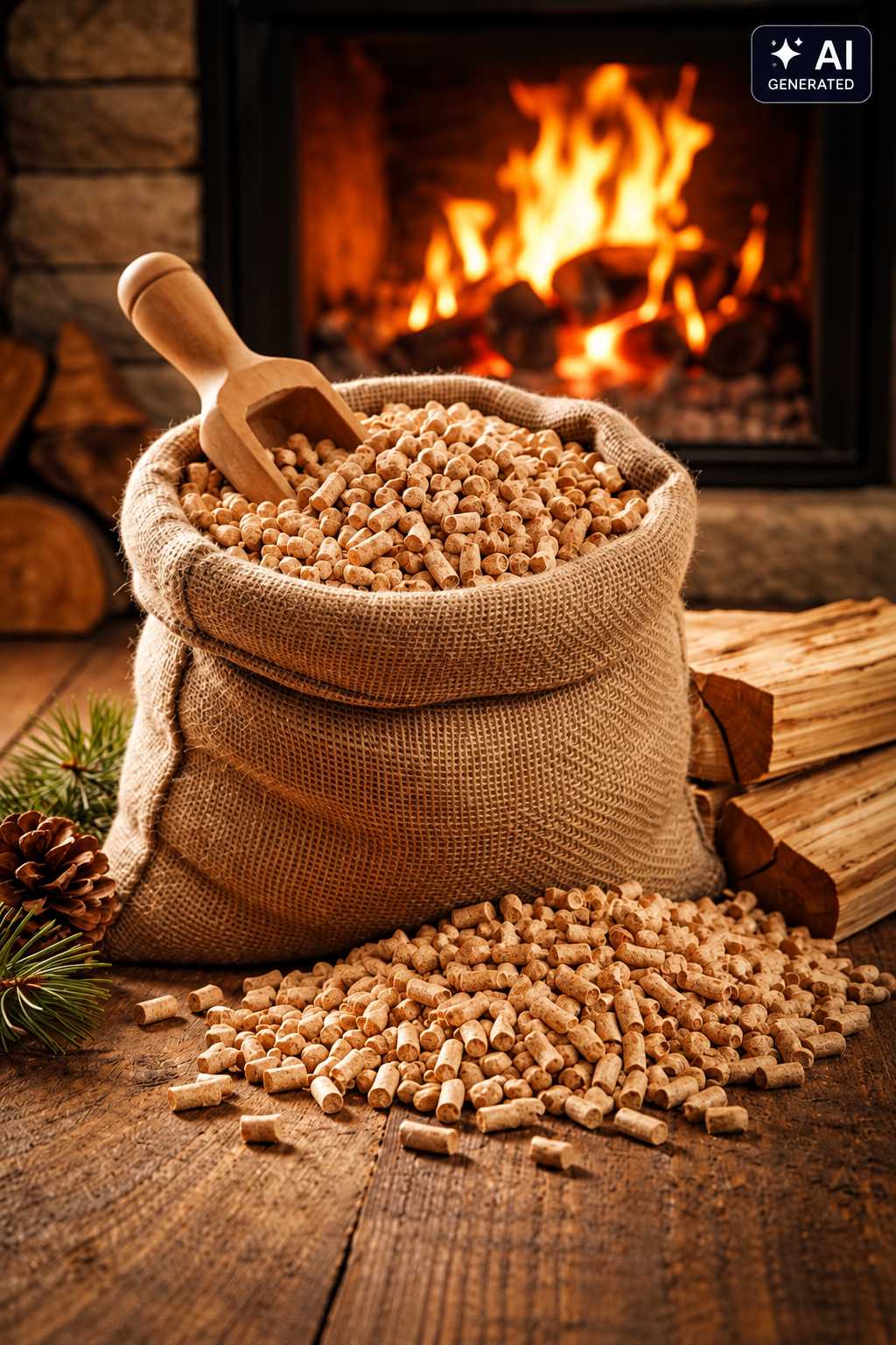 Sack mit Holzpellets und Holzscheiten vor einem Kaminfeuer