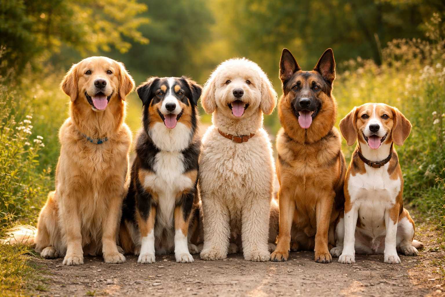 Gruppe von fünf Hunden unterschiedlicher Rassen sitzt nebeneinander auf einem Waldweg