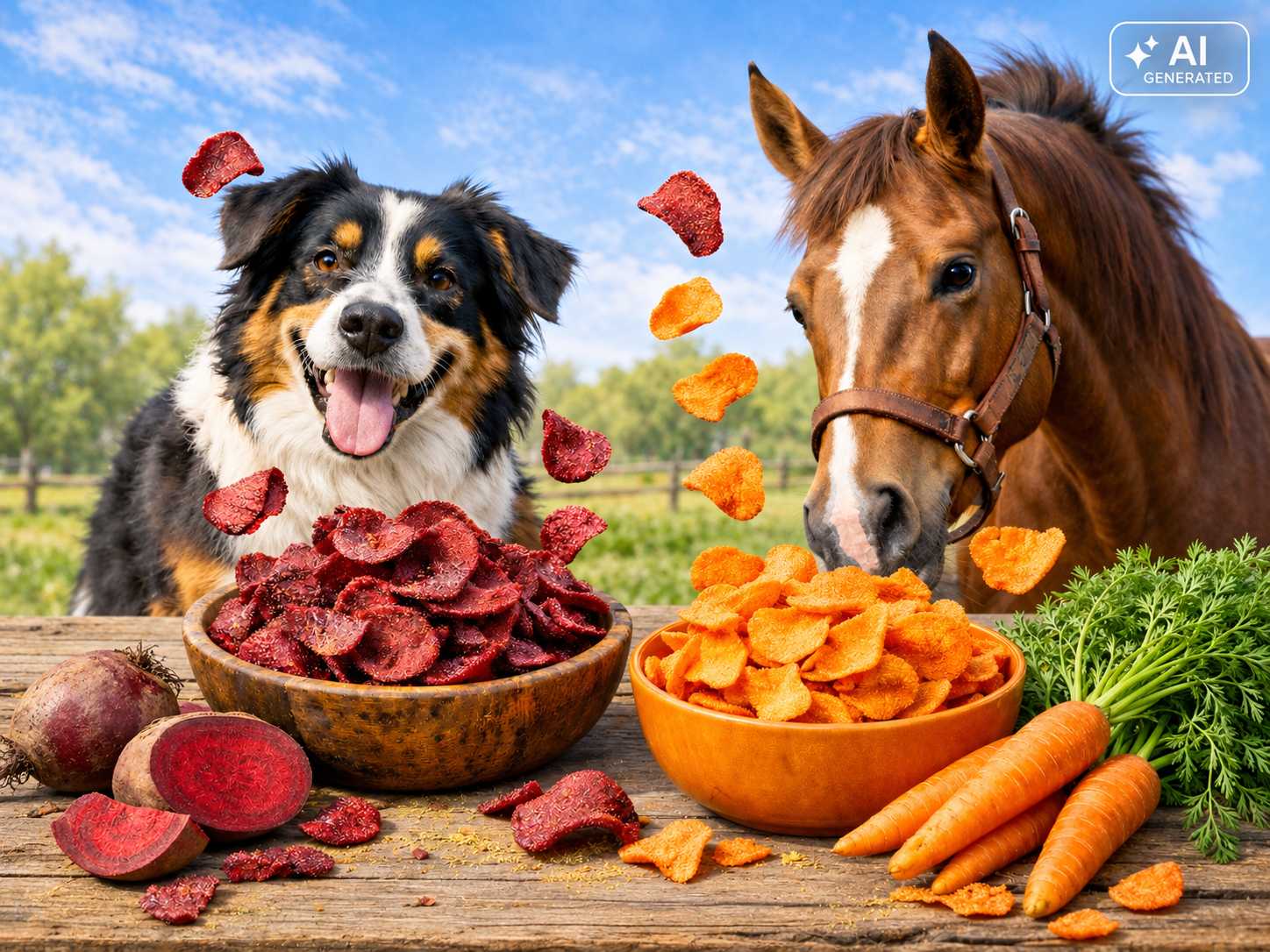 Ein schwarz-weiß-brauner Hund und ein braunes Pferd stehen auf einer grünen Weide hinter zwei Holzschalen mit roten Rote-Bete-Chips und orangefarbenen Karottenchips. Daneben liegen frische Rote Bete und Karotten.