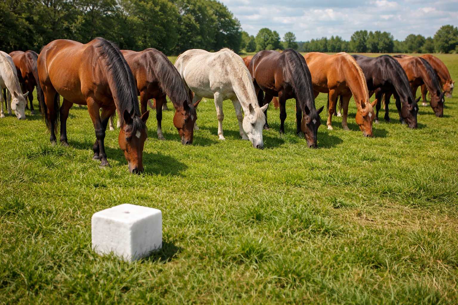 Mehrere Pferde grasen auf einer grünen Weide mit einem Mineral-Salzleckstein zur Versorgung mit wichtigen Mineralstoffen