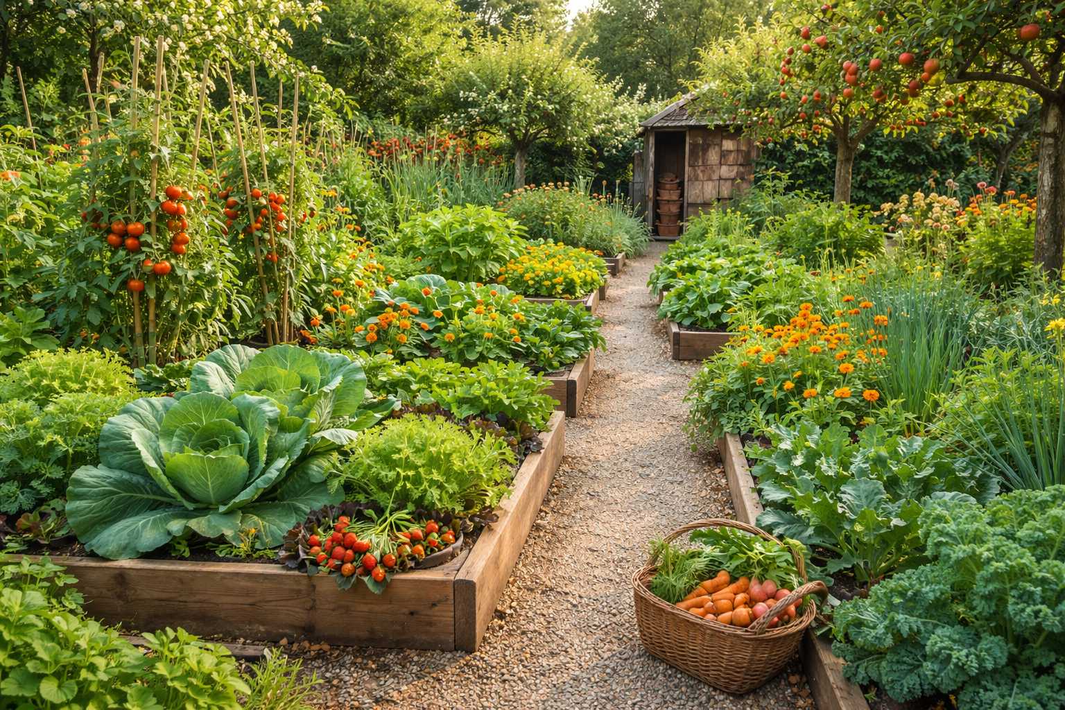 Strukturierter Gemüsegarten mit Hochbeeten voller Kohl, Salat, Tomaten und Kräutern sowie einem Korb mit frisch geerntetem Gemüse
