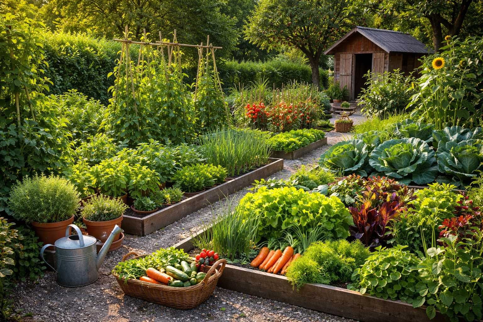 Üppiger Gemüsegarten mit Beeten voller Salat, Karotten, Kohl, Tomaten und Kräutern neben einem Gartenhaus