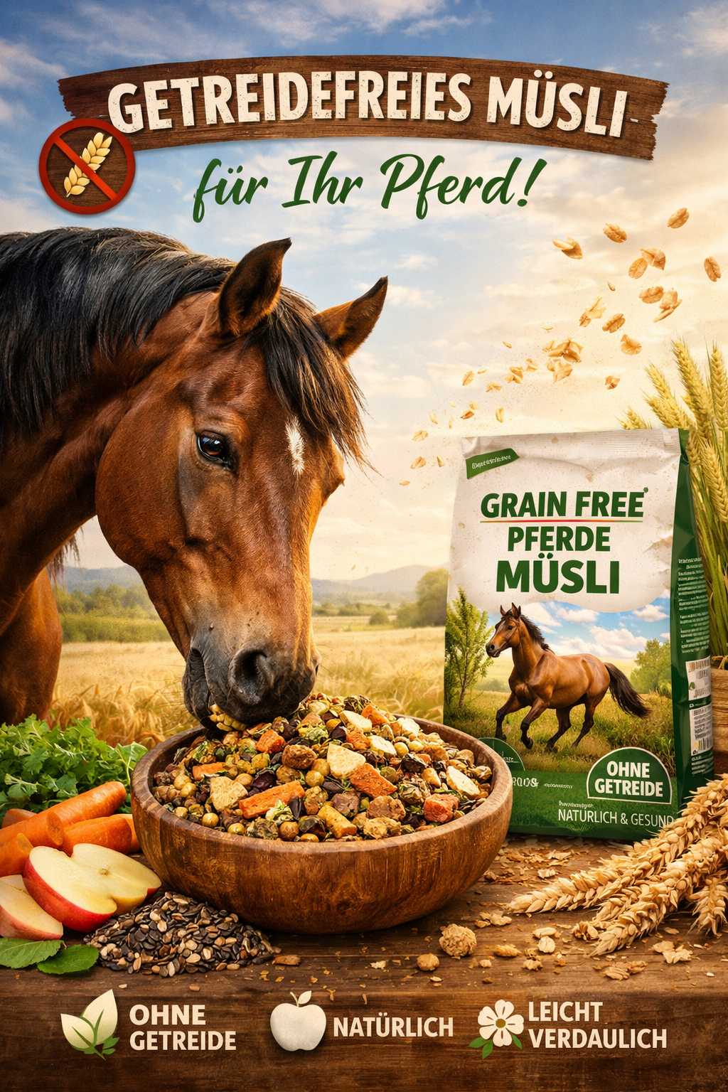 Ein Pferd frisst getreidefreies Müsli aus einer Schüssel auf einer Wiese, daneben eine Verpackung mit Hinweis auf natürliche, leicht verdauliche Zutaten ohne Getreide.