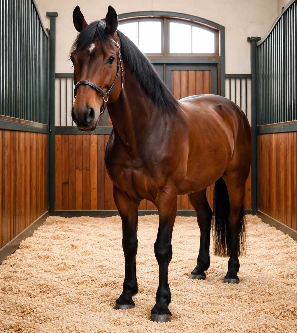 Braunes Pferd steht entspannt in einer sauberen Stallbox mit frischer Einstreu