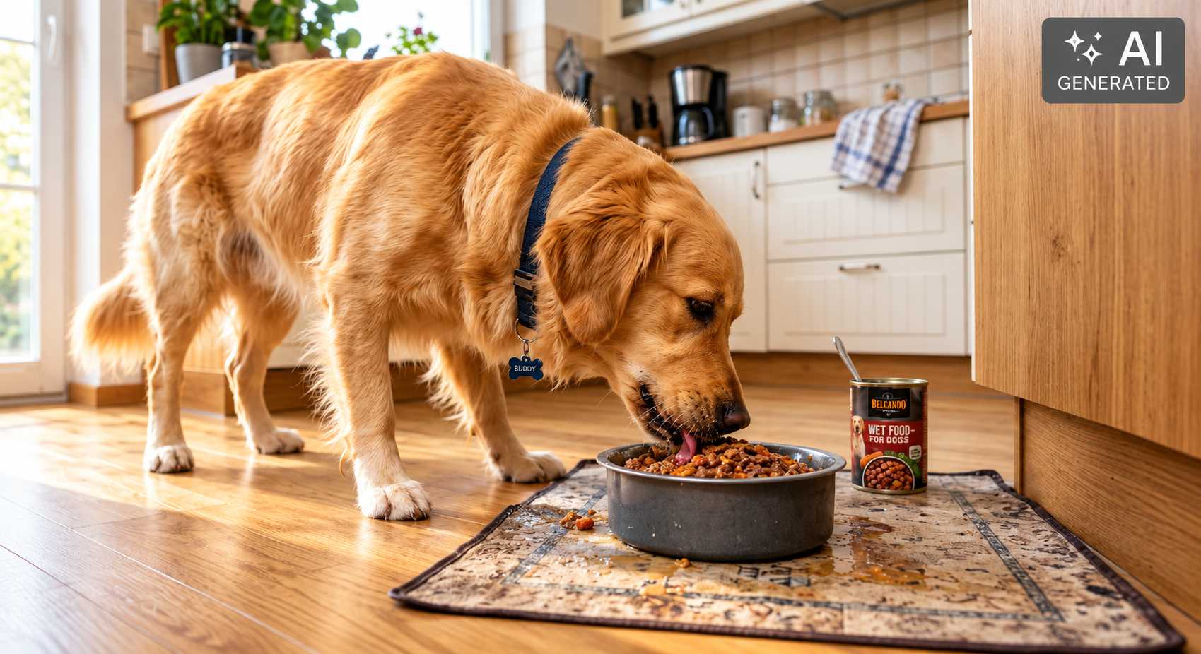 Golden Retriever frisst Hundefutter aus einem Napf in der Küche