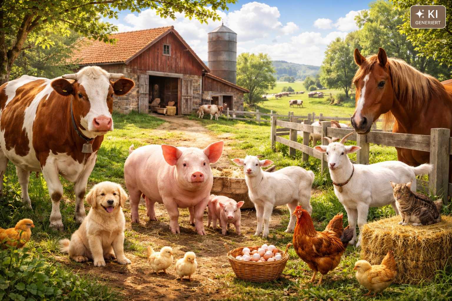 Kuh, braunes Pferd, Schwein mit Ferkeln, Ziegen, Hund, Katze und Hühner mit Küken stehen gemeinsam auf einem Bauernhof. Im Hintergrund sind eine rote Scheune, ein Futtersilo und grüne Weiden zu sehen.