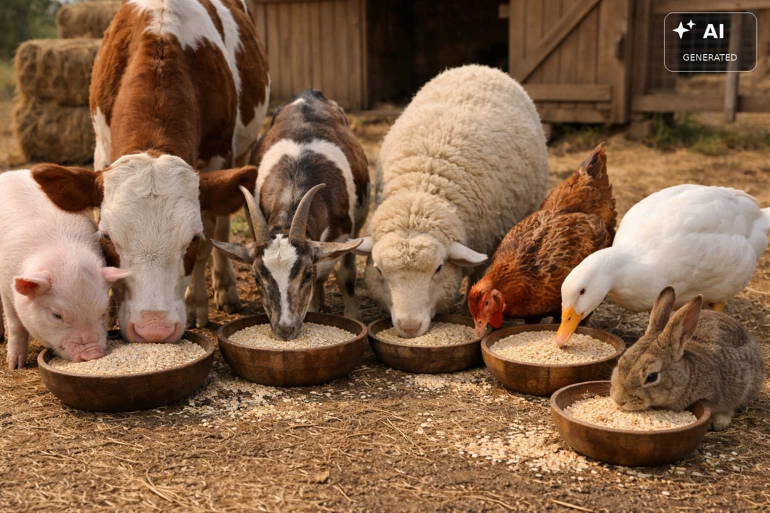 Kuh, Schwein, Ziege, Schaf, Huhn, Gans und Kaninchen fressen gemeinsam aus verschiedenen Futterschalen auf einem Bauernhof.