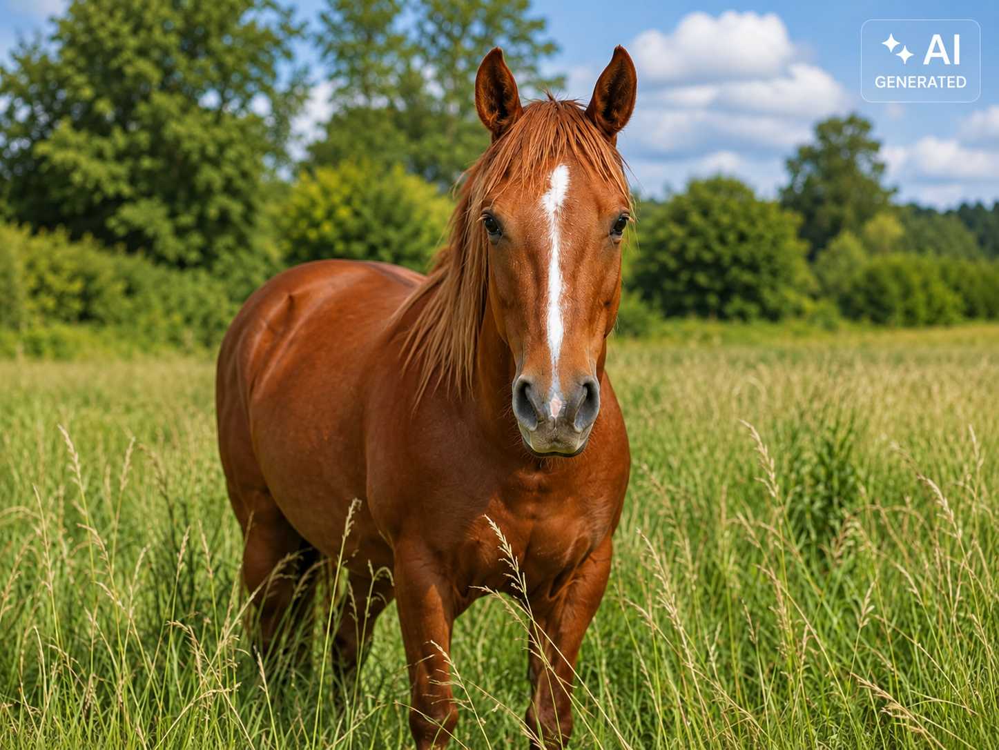 Braunes Pferd steht in hohem Gras auf einer grünen Wiese