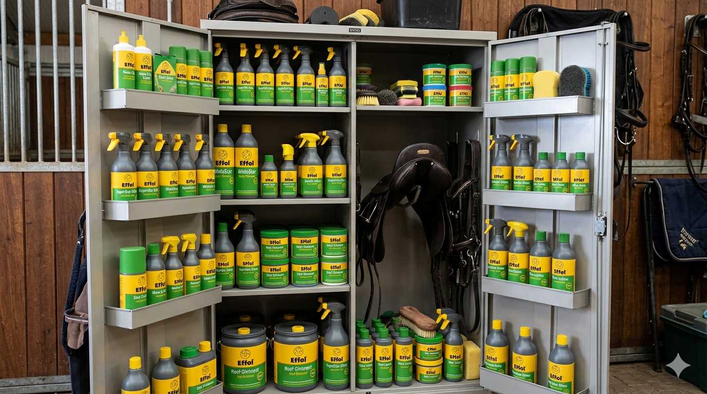 Offener Stallschrank mit Pferdepflege-Produkten wie Effol Sprays, Shampoos, Lederpflege und Reitzubehör