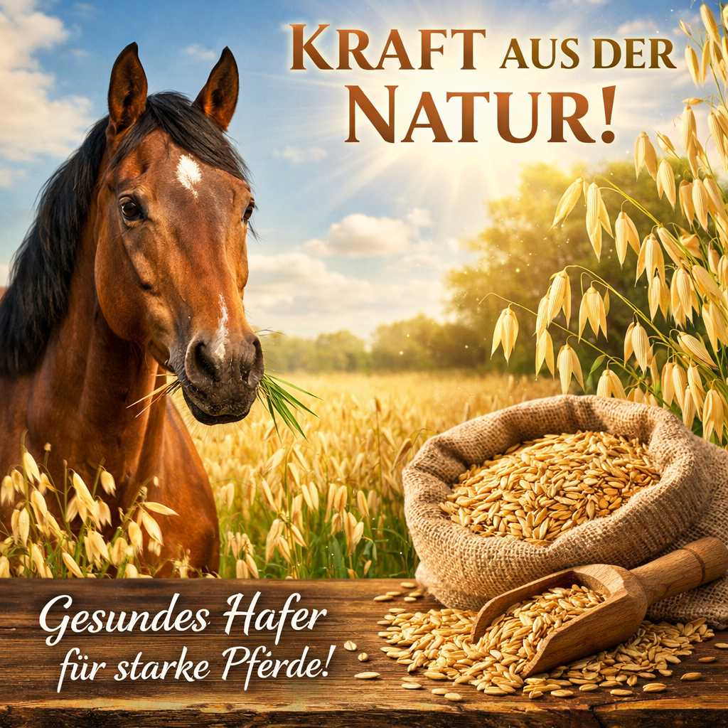 Braunes Pferd auf der Weide mit Haferfeld und Haferkörnern im Sack – natürlicher Hafer als Pferdefutter