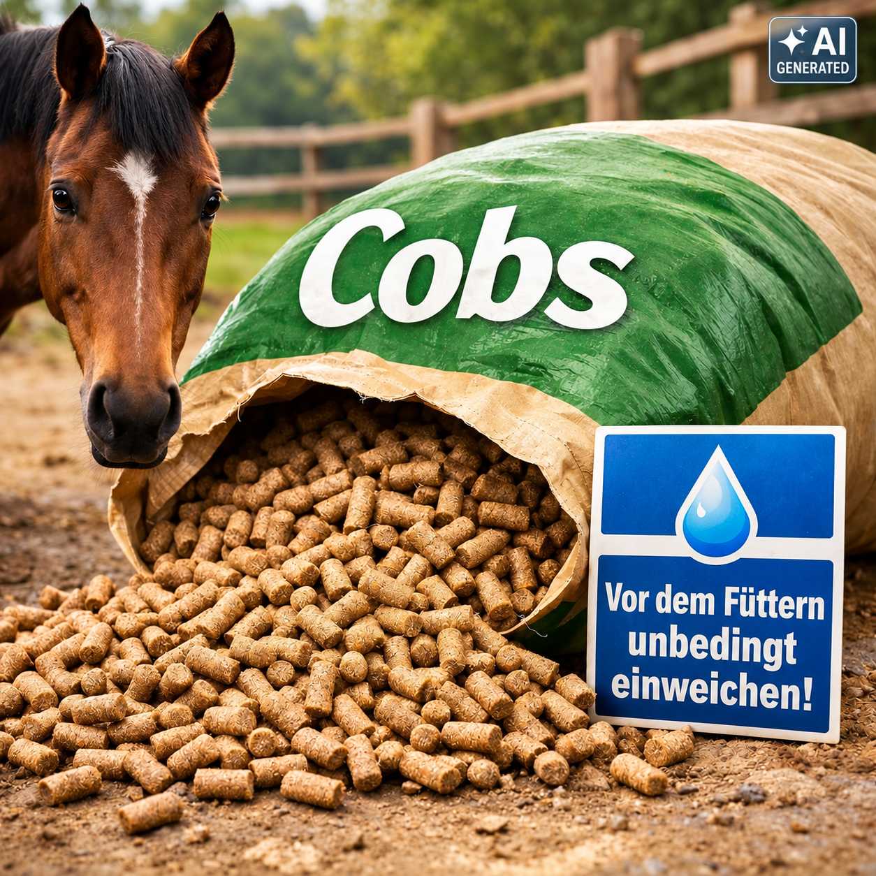 Braunes Pferd neben einem geöffneten grünen Sack mit Cobs. Die Futterpellets liegen auf dem Boden. Ein blaues Hinweisschild erinnert daran, die Cobs vor dem Füttern einzuweichen.