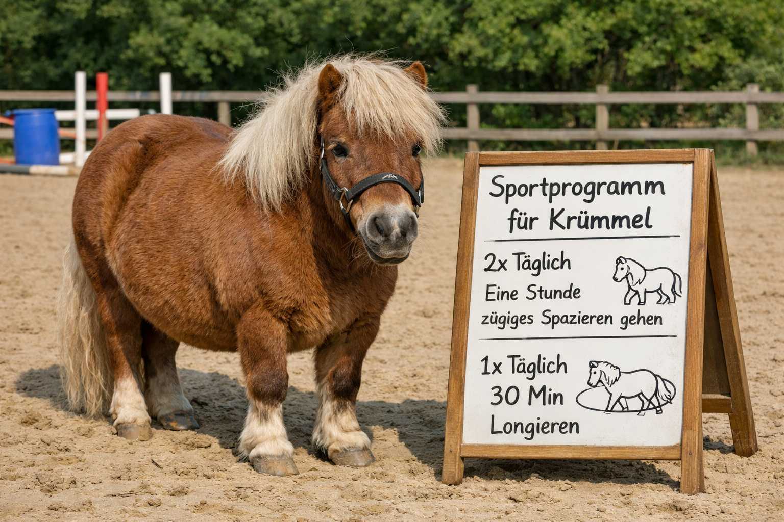 Kleines braunes Pony mit hellem Langhaar steht auf einem Sandplatz neben einer Tafel mit der Aufschrift „Sportprogramm für Krümel“ mit Angaben zu täglicher Bewegung und Longieren.