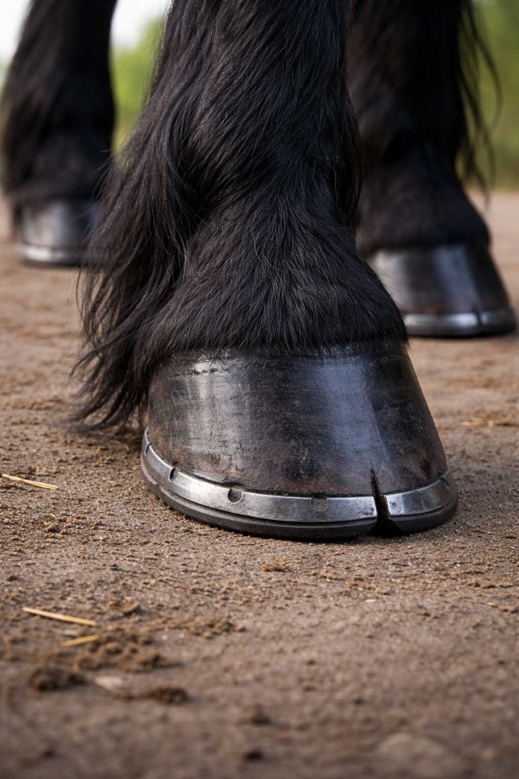 Detailaufnahme eines Pferdehufs mit Hufeisen auf einem Reitplatzboden