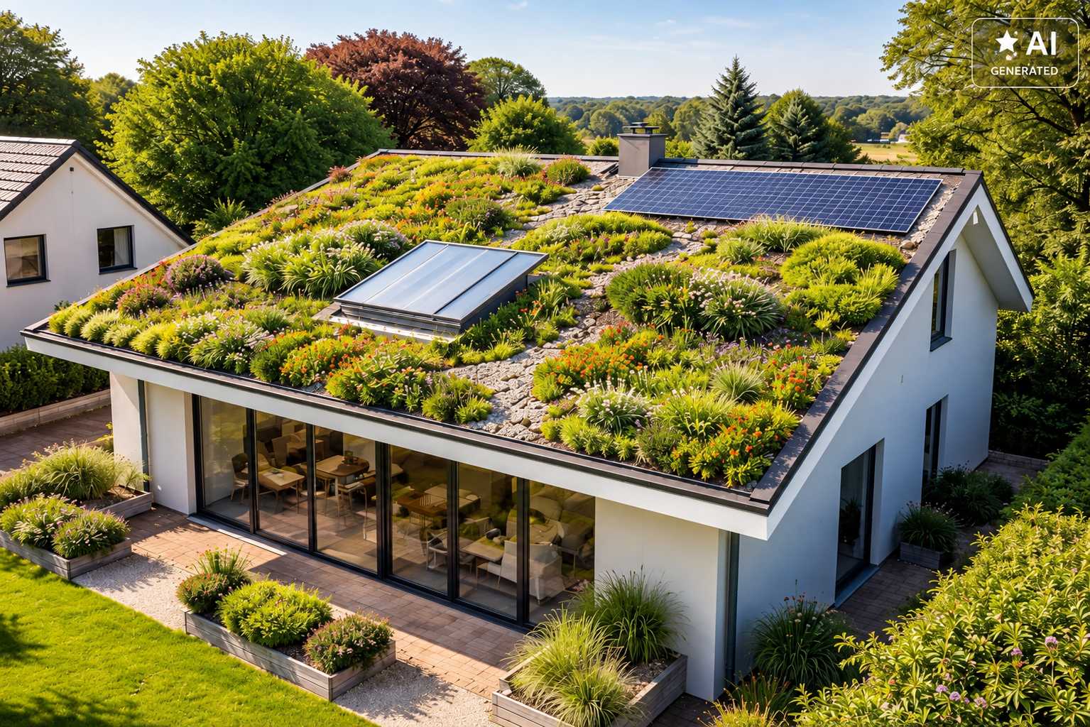Modernes Einfamilienhaus mit begrüntem Dach, Dachfenster und Photovoltaikanlage
