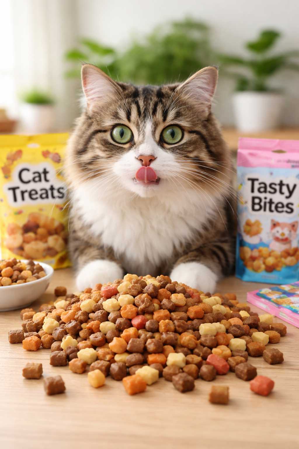 Katze sitzt vor verschiedenen Katzenleckerlis und Snacks wie Cat Treats und Tasty Bites