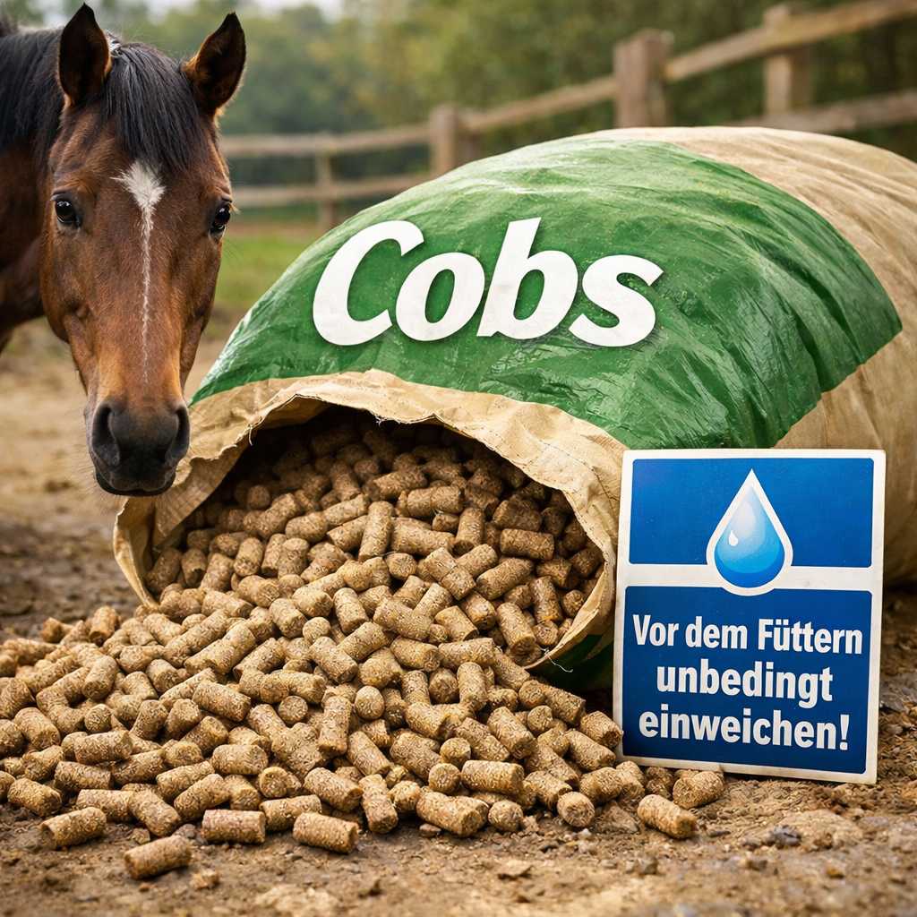 Sack mit Pferdefutter Cobs neben Pferd mit Hinweis dass Cobs vor dem Füttern eingeweicht werden müssen
