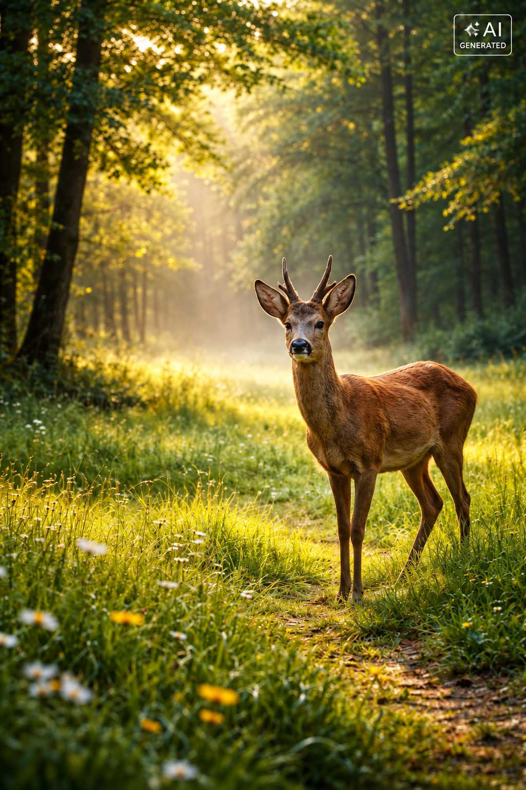 Reh steht auf einer sonnigen Waldlichtung zwischen Bäumen und Wiesenblumen