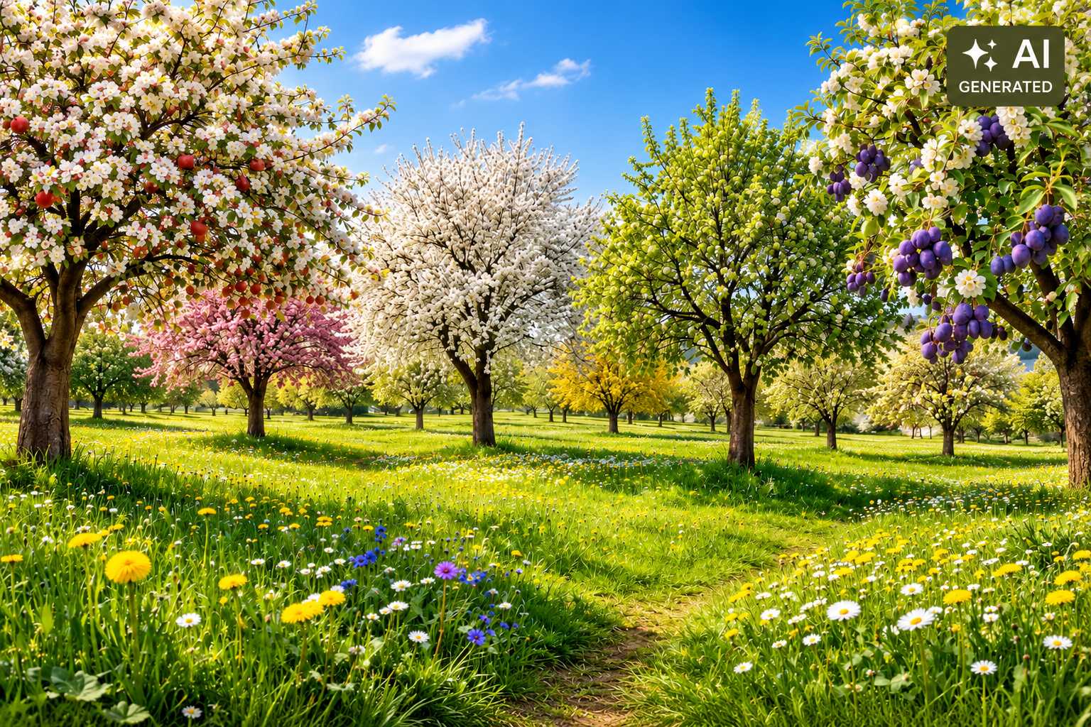 Frühlingshafte Obstwiese mit blühenden Bäumen und bunter Blumenwiese