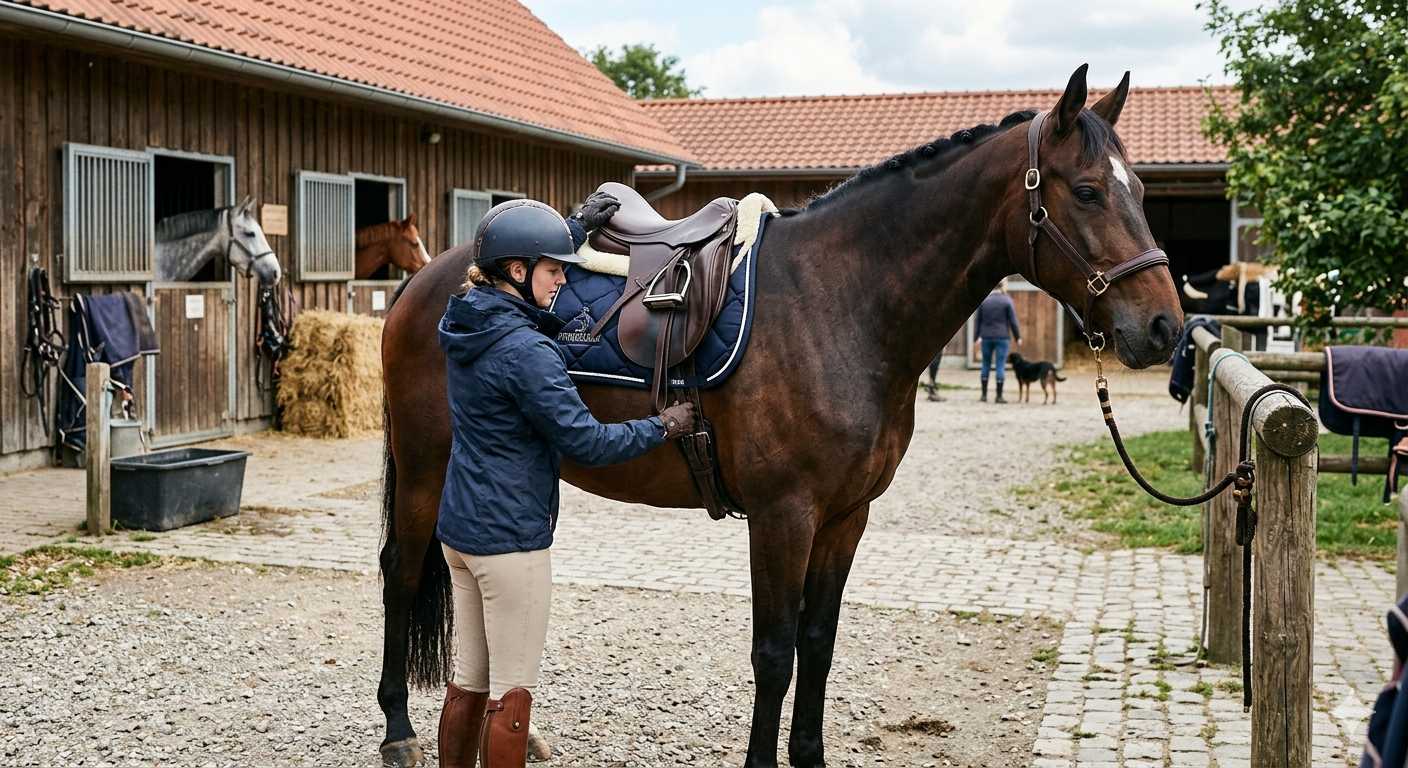 Reiterin legt einem braunen Pferd im Hof eines Reitstalls den Sattel an, im Hintergrund sind weitere Pferdeboxen zu sehen