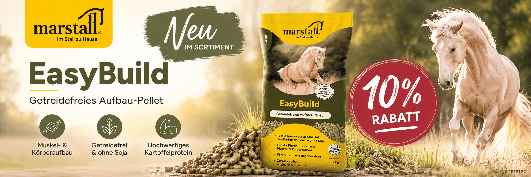 marstall EasyBuild getreidefreies Aufbau-Pellet für Pferde – Produktneuheit mit 10 % Rabatt bei pferdefuttershop.de. Banner mit Futtersack, Pellets und Pferd.