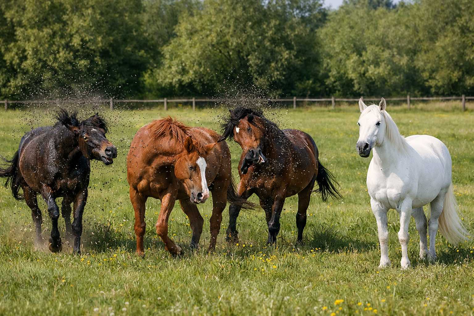 Vier Pferde unterschiedlicher Fellfarben laufen und spielen auf einer grünen Weide, während Staub und Gras aufwirbeln. Im Hintergrund sind Bäume und ein Weidezaun zu sehen.