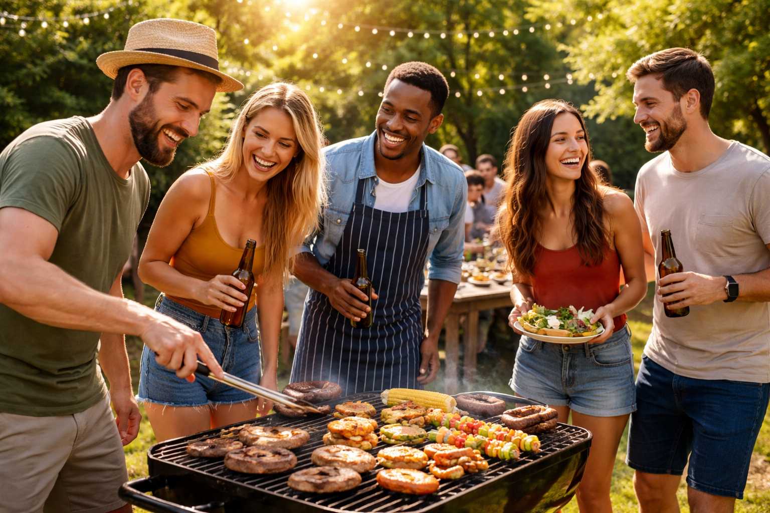 Gruppe von Freunden grillt gemeinsam im Garten und genießt einen sommerlichen BBQ-Abend