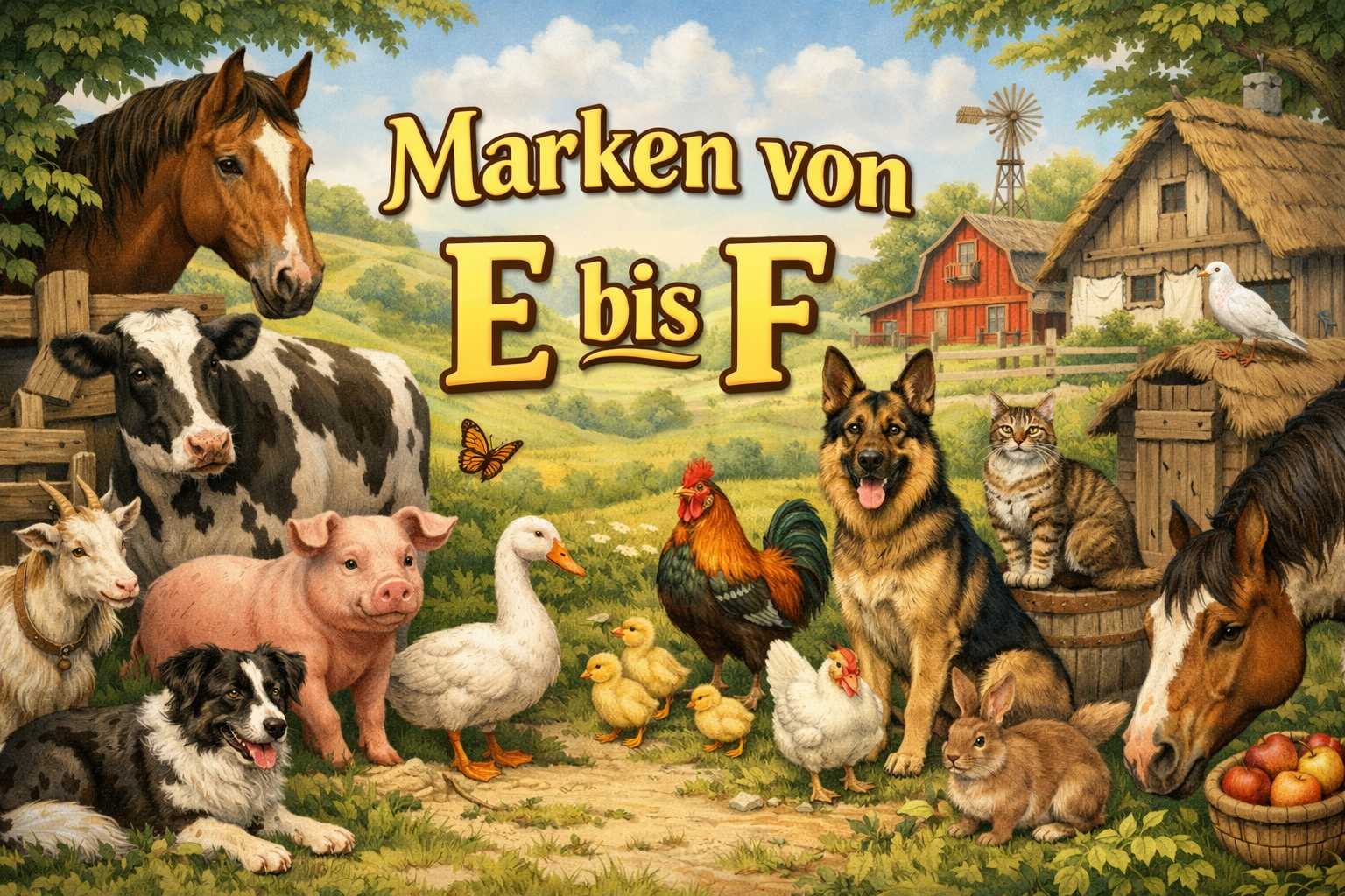 Illustration mit Bauernhoftieren wie Pferd, Kuh, Schwein, Hund, Katze und Geflügel sowie Schriftzug Marken von E bis F