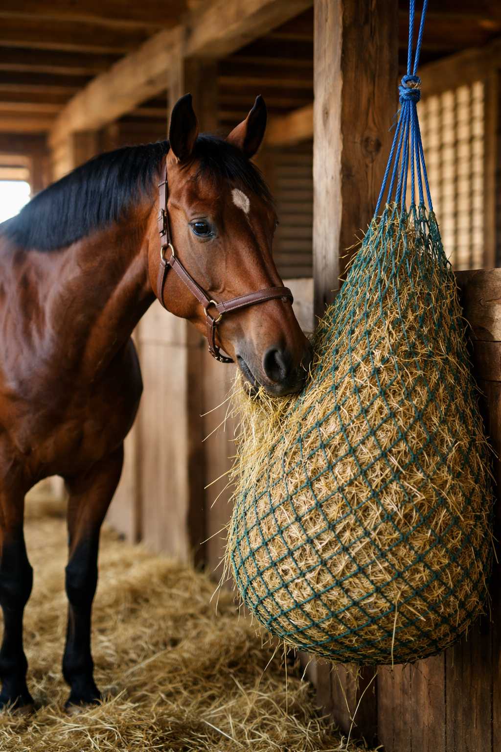 Braunes Pferd frisst Heu aus einem Heunetz im Stall – artgerechte und langsame Fütterung mit Heu