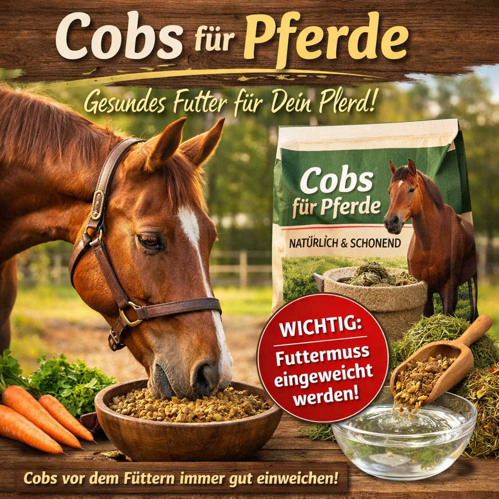 Pferd frisst eingeweichte Cobs aus einer Schüssel – Hinweis dass Pferdefutter-Cobs vor dem Füttern eingeweicht werden müssen