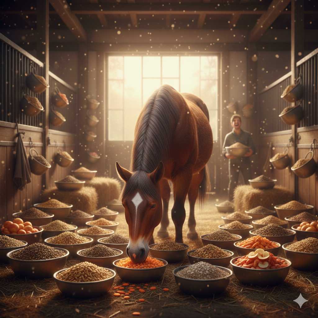 Braunes Pferd steht im Stall und frisst aus einer Schüssel; rundherum sind zahlreiche Futterschüsseln mit Getreide, Pellets und Karotten verteilt, im Hintergrund steht eine Person mit einer weiteren Schüssel.