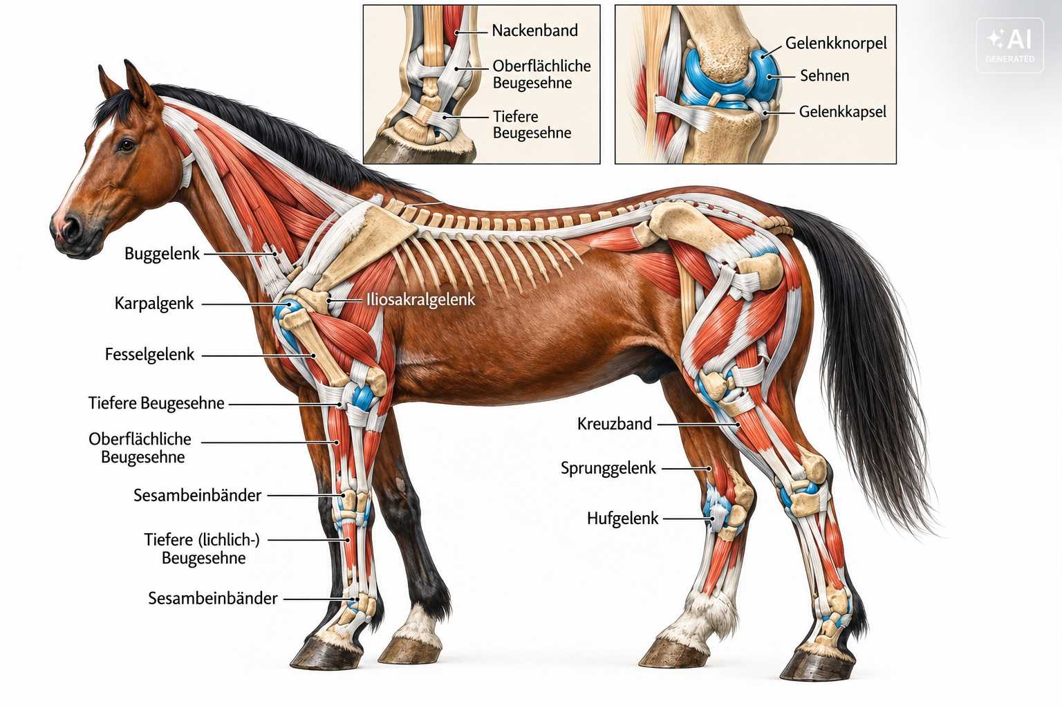 Anatomische Darstellung eines Pferdes mit Gelenken, Bändern und Sehnen