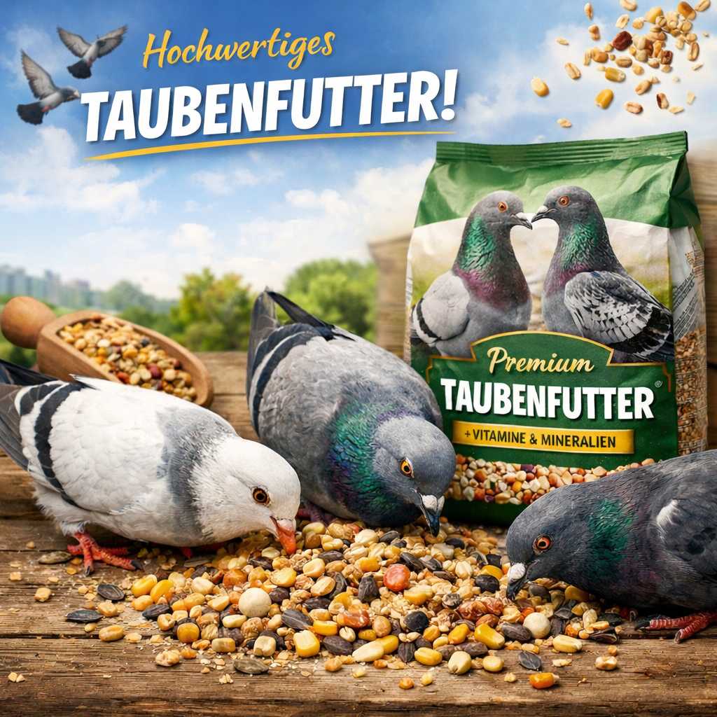 Tauben fressen Körner aus einer Taubenfutter-Mischung vor einem Beutel Premium Taubenfutter