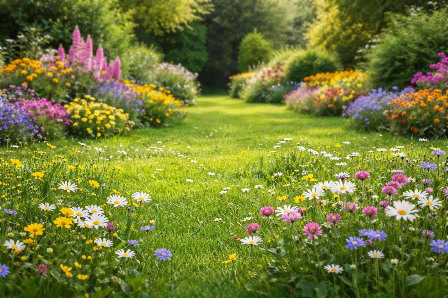 Naturnahe Blumenwiese mit Gänseblümchen und bunten Wildblumen entlang eines grünen Rasens in einem Garten