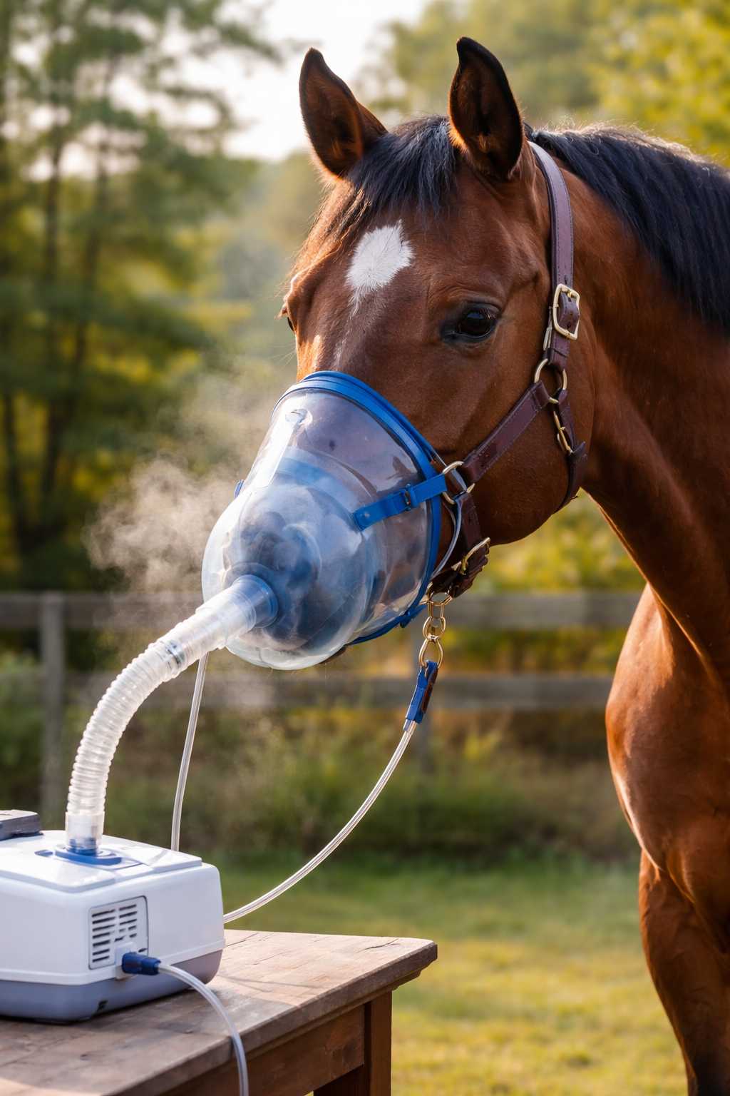 Braunes Pferd trägt eine Inhalationsmaske, die an ein Vernebelungsgerät angeschlossen ist, zur Behandlung von Atemwegserkrankungen.