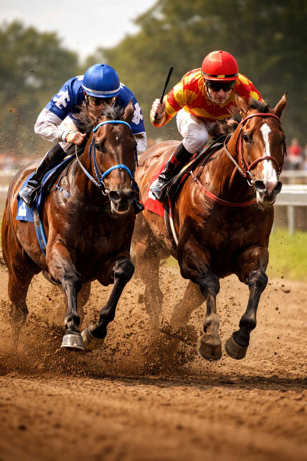 Zwei Rennpferde mit Jockeys liefern sich ein Kopf-an-Kopf-Rennen auf einer Sandbahn