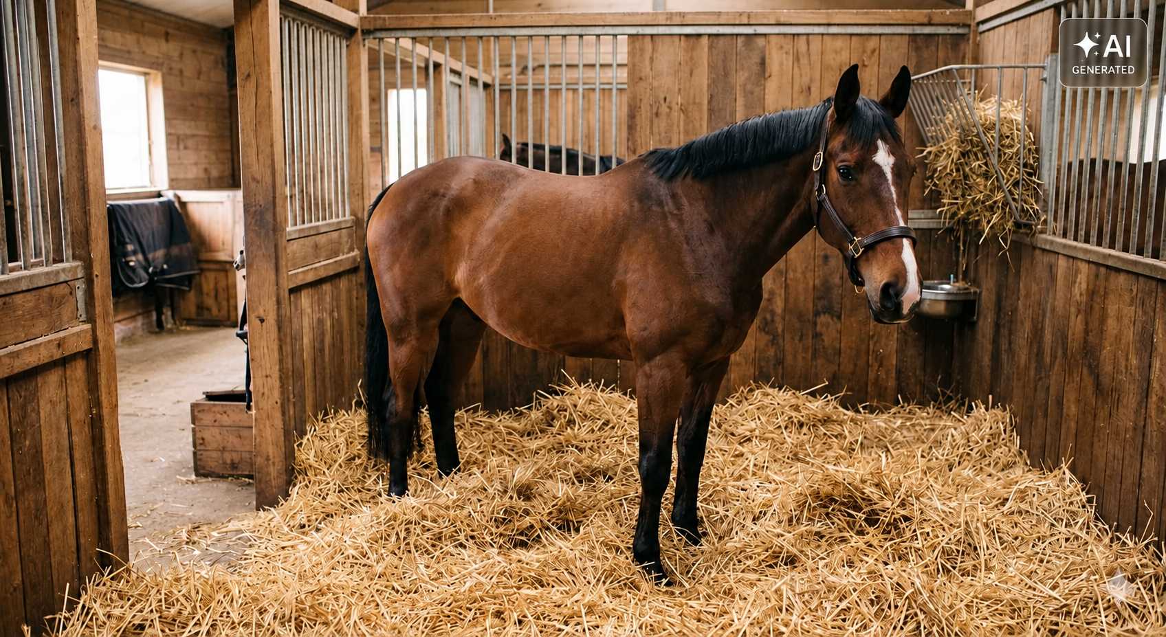 Braunes Pferd steht in einer Stallbox auf Stroheinstreu neben einem Heunetz