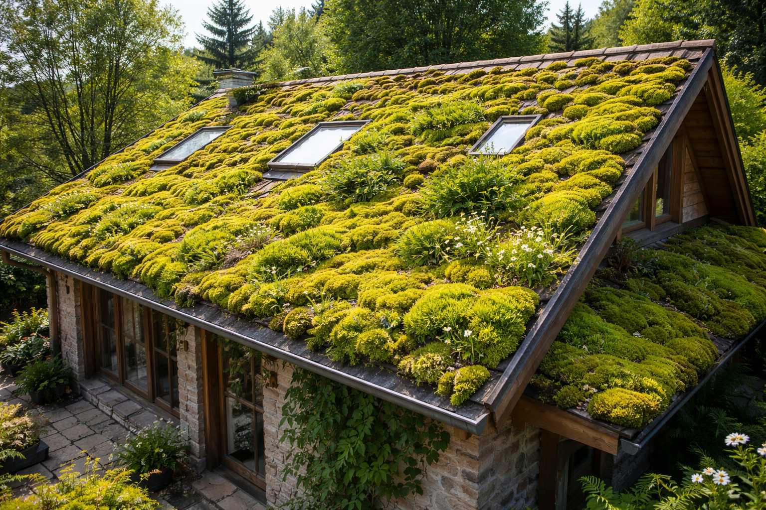 Haus mit begrüntem Dach, bedeckt mit Moos und Pflanzen, umgeben von Bäumen und Natur