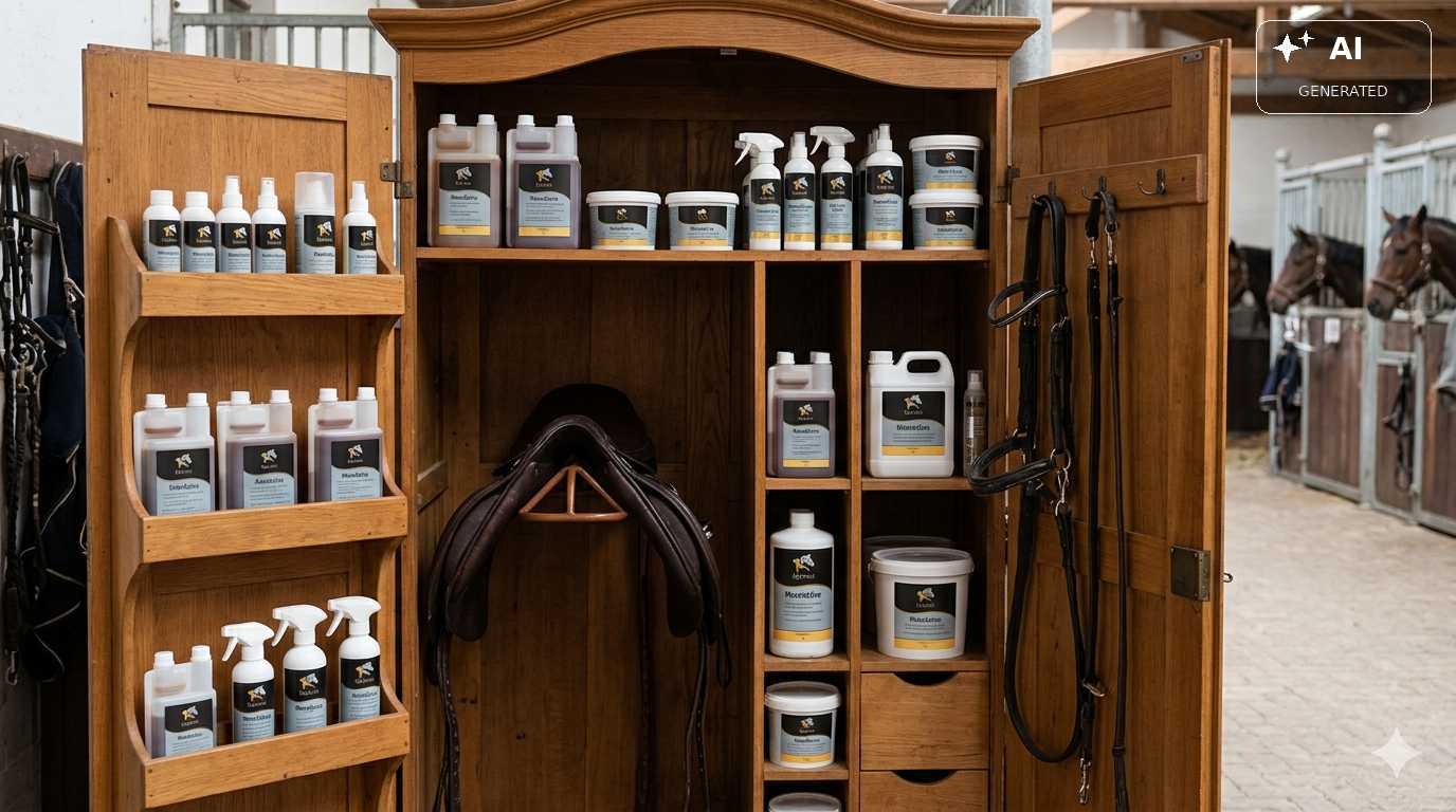 Geöffneter Holzschrank im Pferdestall mit verschiedenen Pferdepflegeprodukten, Sprühflaschen, Kanistern und Pflegetiegeln. In der Mitte hängen ein brauner Ledersattel und weiteres Reitzubehör.