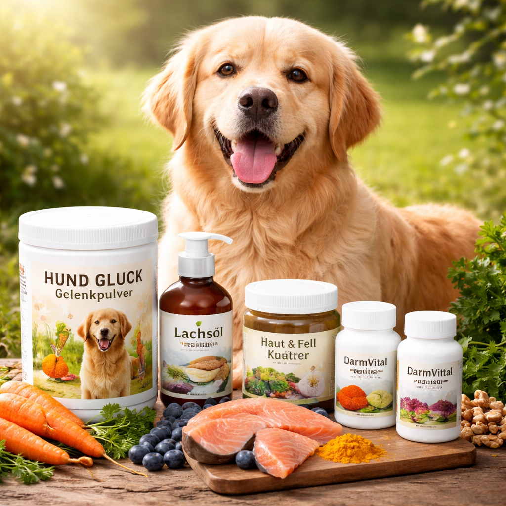 Hund sitzt im Garten vor verschiedenen Ergänzungsfuttermitteln wie Ölen, Pulvern und natürlichen Zutaten