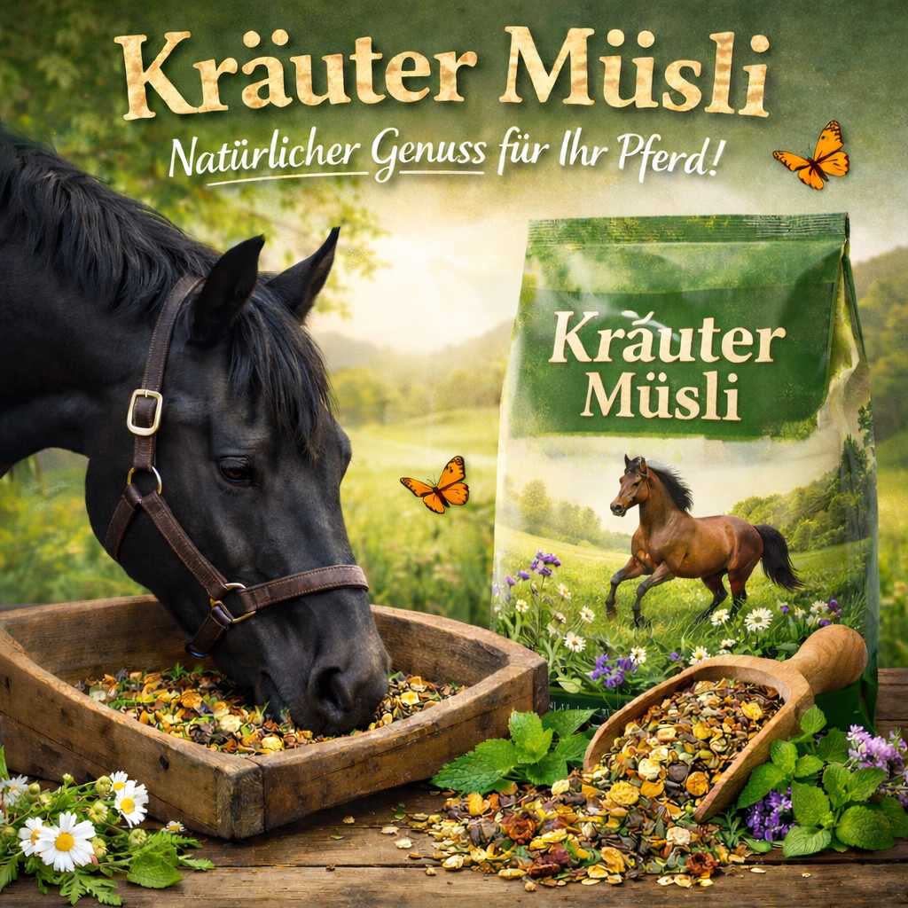 Schwarzes Pferd frisst Kräuter-Müsli aus einer Futterschale neben einer Packung Kräuter Müsli mit verschiedenen Kräutern und Blüten